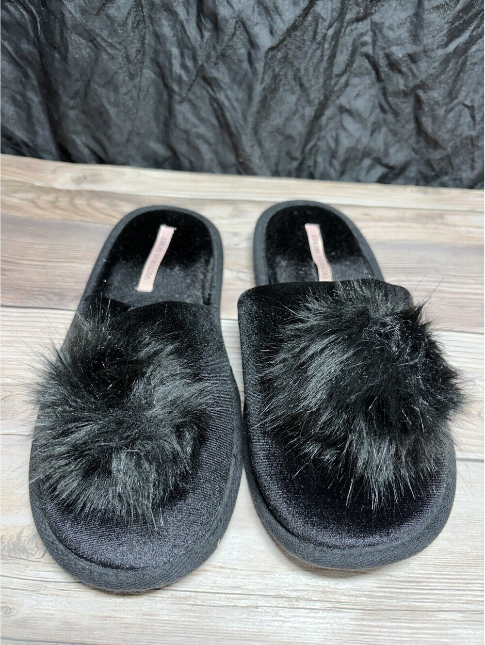 Victoria's Secret Black Fuzzy Slippers Fur Ball Slip on
